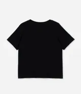 Blusa negra de viscosa con escote en V, mangas cortas y detalle de hilo metalizado en el frente.