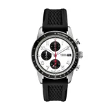 Reloj Fossil Sport Tourer con caja de acero inoxidable plateada de 42mm, esfera blanca con cronógrafo, correa de silicona negra con textura y movimiento de cuarzo.