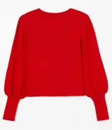 Blusa roja de tejido acanalado, con escote redondo y mangas largas abullonadas.