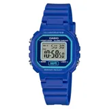 Reloj digital CASIO LA20WH-2ADF, color azul, con caja de resina de 30mm y correa de resina. Resistente al agua hasta 30 metros. Cuenta con funciones de cronómetro, alarma diaria, calendario automático y luz LED.