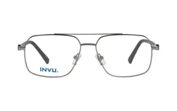 Armazón para lentes INVU con clip-on de sol, de metal color gris plomo y lentes rectangulares.