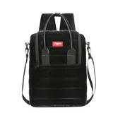 Mochila negra acolchada con detalles en gris, doble asa de mano y tiras de mochila ajustables.