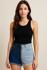Short de jean rígido bicolor, con una pierna en denim azul oscuro y la otra en celeste. Cierre frontal con cremallera metálica dorada que se abre por completo.