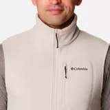 Chaleco de polar Columbia Fast Trek para hombre, color azul marino con cierre y detalles en azul eléctrico. Cuenta con cuello alto, bolsillos laterales con cierre y bolsillo en el pecho con cierre.