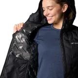 Campera Columbia Delta Ridge II para mujer, color azul marino, con capucha y cierre frontal. Cuenta con tecnología termorreflectante Omni-Heat™ y HeatSeal™ para mantener el calor, y Omni-Shield™ para repeler la humedad.