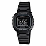 Reloj digital Casio modelo LA20WH-1BDF, color negro, con caja y correa de resina. Funciones: cronómetro, alarma, calendario, luz LED y formato 12/24 h. Resistente a salpicaduras.