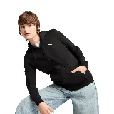 Campera con capucha Puma ESS Full-Zip Hoodie, color negro, con cierre frontal completo, bolsillos laterales y logo de Puma estampado en blanco en el pecho.