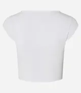 Remera deportiva corta blanca de microfibra leve, con escote cuadrado, mangas cortas y logo "movement" en el pecho.