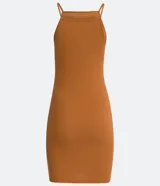 Vestido corto de algodón color naranja, con escote cuadrado y tirantes finos.