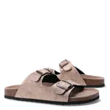 Sandalias blancas con dos tiras ajustables con hebilla metálica, plantilla de corcho y suela blanca.