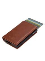 Billetera marrón de cuero con ranura trasera con cremallera y banda magnética. Cuenta con mecanismo de acceso rápido a tarjetas, capacidad para 1-10 tarjetas con o sin relieve y tecnología de bloqueo Rifd.