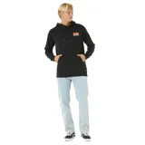 Canguro negro con capucha y bolsillo delantero, con logo de Rip Curl estampado en el pecho con diseño de sol en tonos naranja y amarillo.