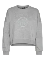 Sudadera gris de corte cropped, con cuello redondo y mangas largas. Estampado frontal con la leyenda "Florida Premium Club Sport Est. 1876 Sunshine State".