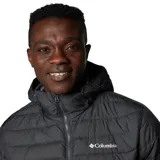 Campera puffer Columbia Powder Lite II para hombre, color gris y negro, con capucha ajustable con cordón, bolsillos laterales con cierre y puños elásticos.