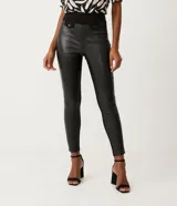 Pantalón legging negro de punto roma con cintura alta y detalle de solapa en la parte delantera confeccionada en material sintético.