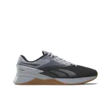 Championes de entrenamiento Reebok Nano X3, color negro y gris, con suela marrón.