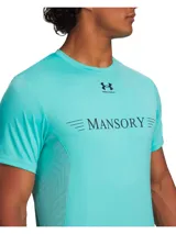 Remera deportiva Under Armour color celeste con logo de la marca y la inscripción "Mansory" en el pecho.