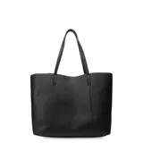 Bolso tote negro con textura granulada, doble asa de hombro y logo grabado en el frente. Incluye un bolso interno desmontable.