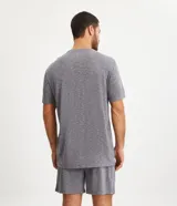 Conjunto de pijama corto para hombre, compuesto por una remera de manga corta con cuello redondo y un short con cintura elástica y cordón de ajuste. El tejido es malla flameada con efecto mezcla en tono verde claro.