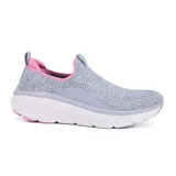 Championes deportivos Skechers Relaxed Fit: D'Lux Walker 2.0 - Bold State, color gris con detalles en rosa. Capellada de knit técnico jaspeado Stretch Fit, plantilla con amortiguación Skechers Air-Cooled Memory Foam y suela flexible con tracción.