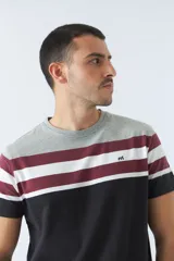 Remera de hombre a rayas horizontales en gris, borgoña, blanco y negro, con logo bordado en el pecho.