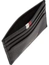 Tarjetero Tommy Hilfiger de cuero granulado color negro, con múltiples ranuras para tarjetas y logo de la marca en relieve dorado. Incluye detalle de franja tricolor distintiva de la marca.