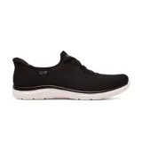 Championes deportivos Skechers Slip-ins Virtue Flawless, color negro, con capellada de tejido de punto Stretch Fit, cordones elásticos fijos, plantilla Air-Cooled Memory Foam y suela flexible.