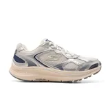 Championes de running Skechers Go Run Consistent 2.0 Volt, color blanco y plateado, con detalles en azul marino. Capellada de cuero metalizado y malla, amortiguación ultraligera, plantilla Air-Cooled Goga Mat y tecnología M-Strike.