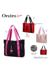 Cartera tote bag roja de Las Oreiro, con asas negras estampadas con el logo de la marca. Tiene un cordón ajustable en la parte frontal con un dije de labios negros y la inscripción "Our Love". Incluye un cordón decorativo rosa en el lateral.