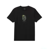 Remera negra de manga corta con estampado en el pecho de una rosa amarilla con fondo de camuflaje y logo de Vans en la parte superior.
