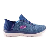 Championes deportivos Skechers Slip-ins Summits Dazzling Haze para mujer. Zapatillas veganas de color azul jaspeado, con cordones elásticos fijos, plantilla Skechers Air-Cooled Memory Foam y tecnología Heel Pillow.