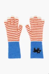 Guantes de punto a rayas horizontales color naranja y blanco, con puños azules y aplique de perro negro.