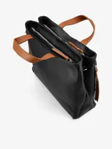 Bolso de cuero negro con asas cortas y correa ajustable, diseño minimalista y elegante.