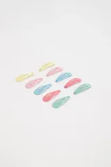 Pack de diez hebillas para el pelo tipo pico de pato, en colores pastel: amarillo, rosa, celeste y verde agua.