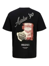 Camiseta negra de manga corta con cuello redondo y corte holgado. Estampa trasera con un diseño de una lata de aceitunas y la inscripción "Atelier '90 Originals".