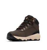 Botas de senderismo Columbia Newton Ridge Waterproof, color gris con detalles en negro y cordones en blanco y celeste. Fabricadas en cuero impermeable con tecnología Omni-Tech y suela de goma Omni-Grip.