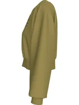 Buzo color verde oliva de corte boxy, con cuello redondo, puños y bajo de canalé. Logo escrito de Calvin Klein Jeans en el pecho.