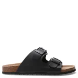 Sandalias blancas con dos tiras ajustables con hebilla metálica, plantilla de corcho y suela blanca.