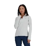 Camiseta deportiva New Balance color gris claro jaspeado, de manga larga con orificios para los pulgares, cuello alto con cierre de cremallera corto y logo reflectante en el pecho.