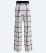 Pantalón recto de punto con estampado de cuadros grid, cintura alta y cintura contrastante.