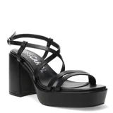 Sandalias de fiesta negras con plataforma y taco ancho, tiras cruzadas y pulsera al tobillo.