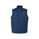 Chaleco acolchado azul marino con cierre frontal, cuello alto y logo de Caterpillar bordado en amarillo en el pecho.