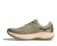 Championes de running Hoka Rincon 4, color verde con detalles en negro y suela en tonos rosa y verde.