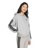 Campera gris de felpa francesa con capucha ajustable con cordón, cierre frontal, bolsillos laterales y las tres tiras características de Adidas en las mangas.