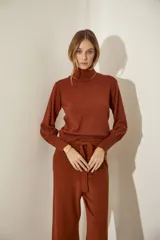 Polera color ladrillo, entallada, de tejido de punto fino, con cuello alto, mangas largas abullonadas y puños acanalados.