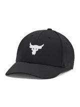 Gorra Under Armour Project Rock color gris claro con logo de toro bordado en azul marino.