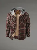 Campera de algodón marrón a cuadros con cierre de botones, forro suave y cuello de contraste.