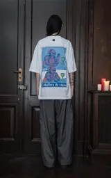 Remera blanca de algodón con cuello redondo y calce oversize. Estampado con diseño de dos caballeros medievales con armadura y capa roja, uno usando un celular y otro con una copa.