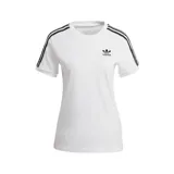 Remera blanca de algodón con cuello redondo y mangas cortas. Presenta las tres rayas características de Adidas en color negro a lo largo de las mangas y el logo de la marca bordado en el pecho.