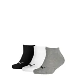 Pack de tres pares de medias invisibles Puma, unisex, en color negro, blanco y gris.